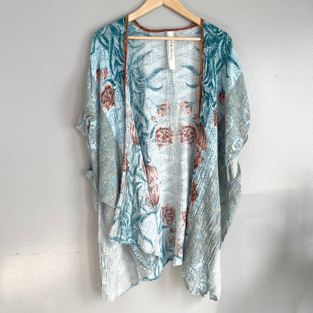 Aratta Silent Journey Kimono Womens L/XL Blue Floral Modal Linen Blend Boho Chic